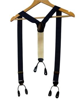 Trafalgar Men’s Navy Blue Stretch Fabric Brown Leather Suspenders OS